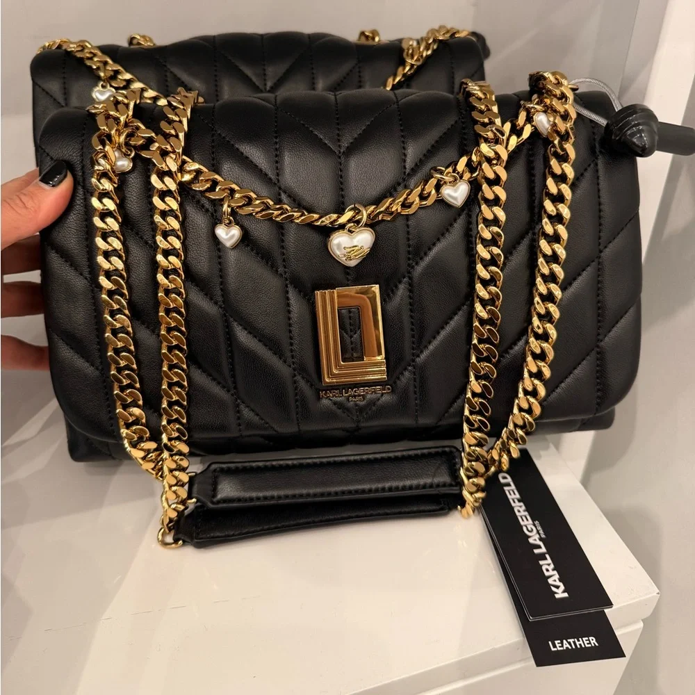 KARL LAGERFELD PARIS Lafayette Quilted Shoulder Bag Black Heart Charm Chain Gold